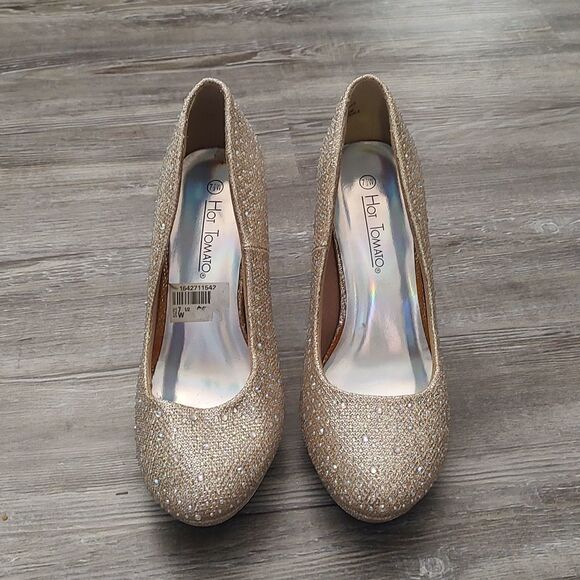 Hot Tomato Fireworks  gold sparkle  graduation prom heels Sz 7.5 - Picture 2 of 7